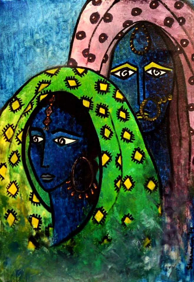 ENIGMA. Oil on Paper. 23.5"x16". 2014.&nbsp;Inspired by the women of Thar. &nbsp;Living in a desert and faced with severe environmental challenges, the way these women wear color, motifs and jewellery is inspiring.