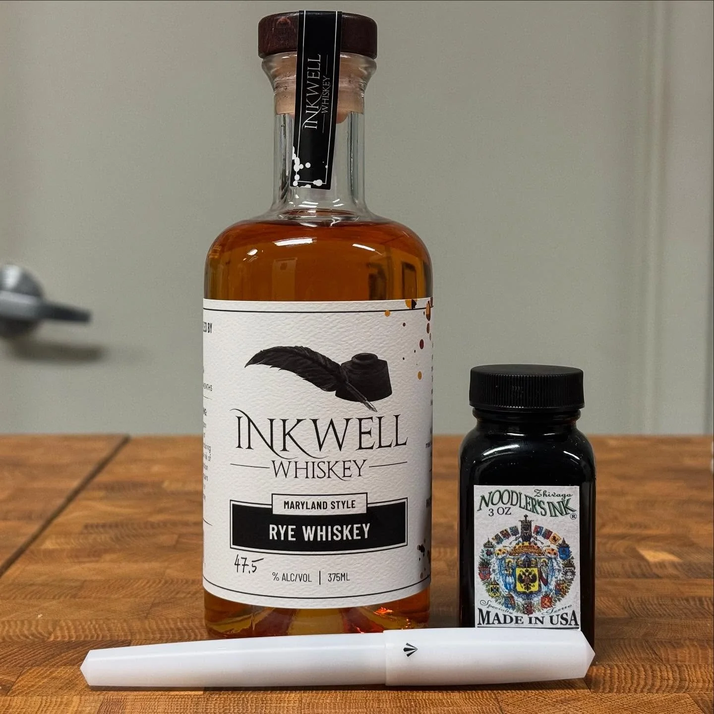 The newest bottling of @inkwell.whiskey Maryland Rye is now ready! Proofed to taste by master distiller @brianjroan, this sweet and peppery spirit is 78% rye and equal parts red corn, yellow corn, and barley. 
The 47.5% ABV was hand written on each b