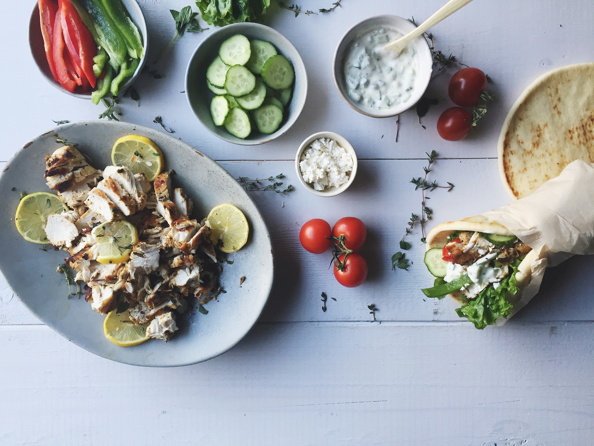 Lemon Herbed Greek Chicken Wraps & Garlic Cucumber Tzatziki 