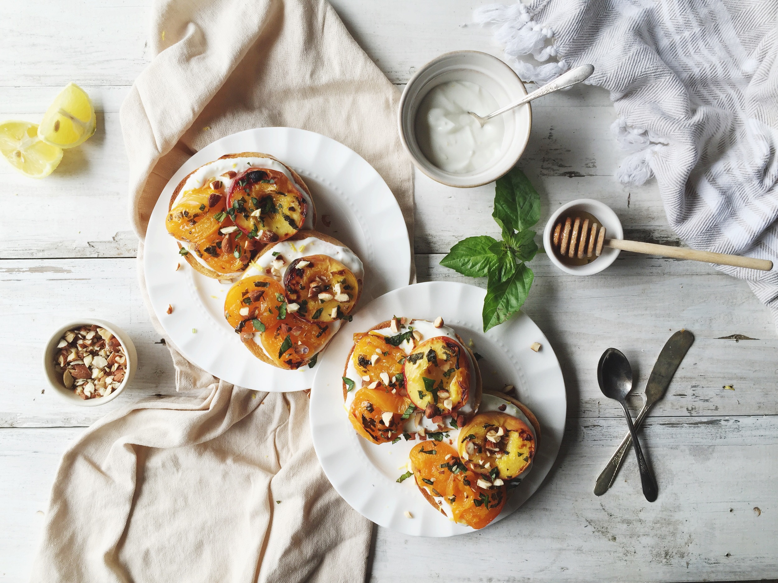 Honey Basil Roasted Peaches & Apricots + Lemon Vanilla Infused Greek Yogurt toast