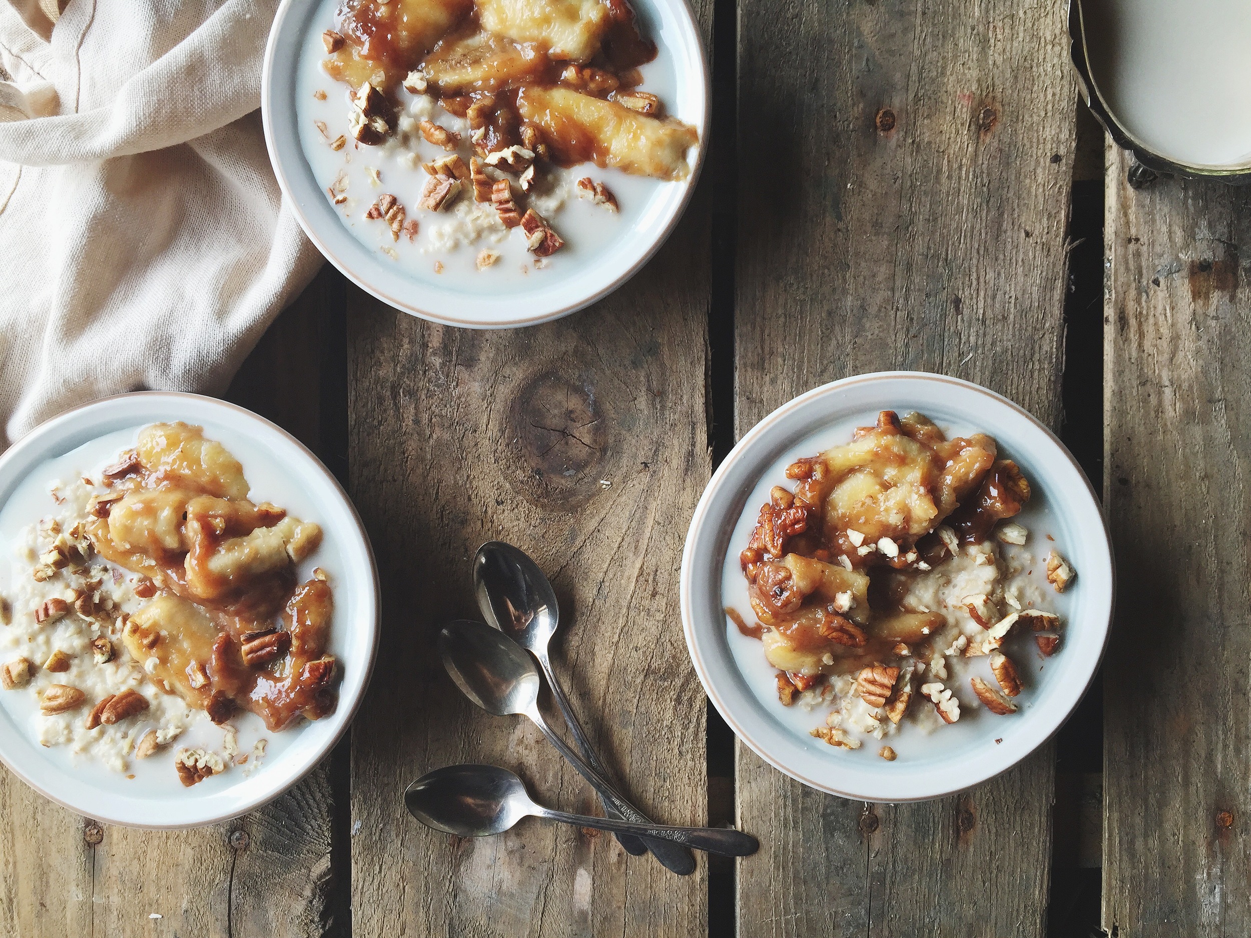 Creamy Almond Milk Oatmeal + Caramelized Banana with pecans