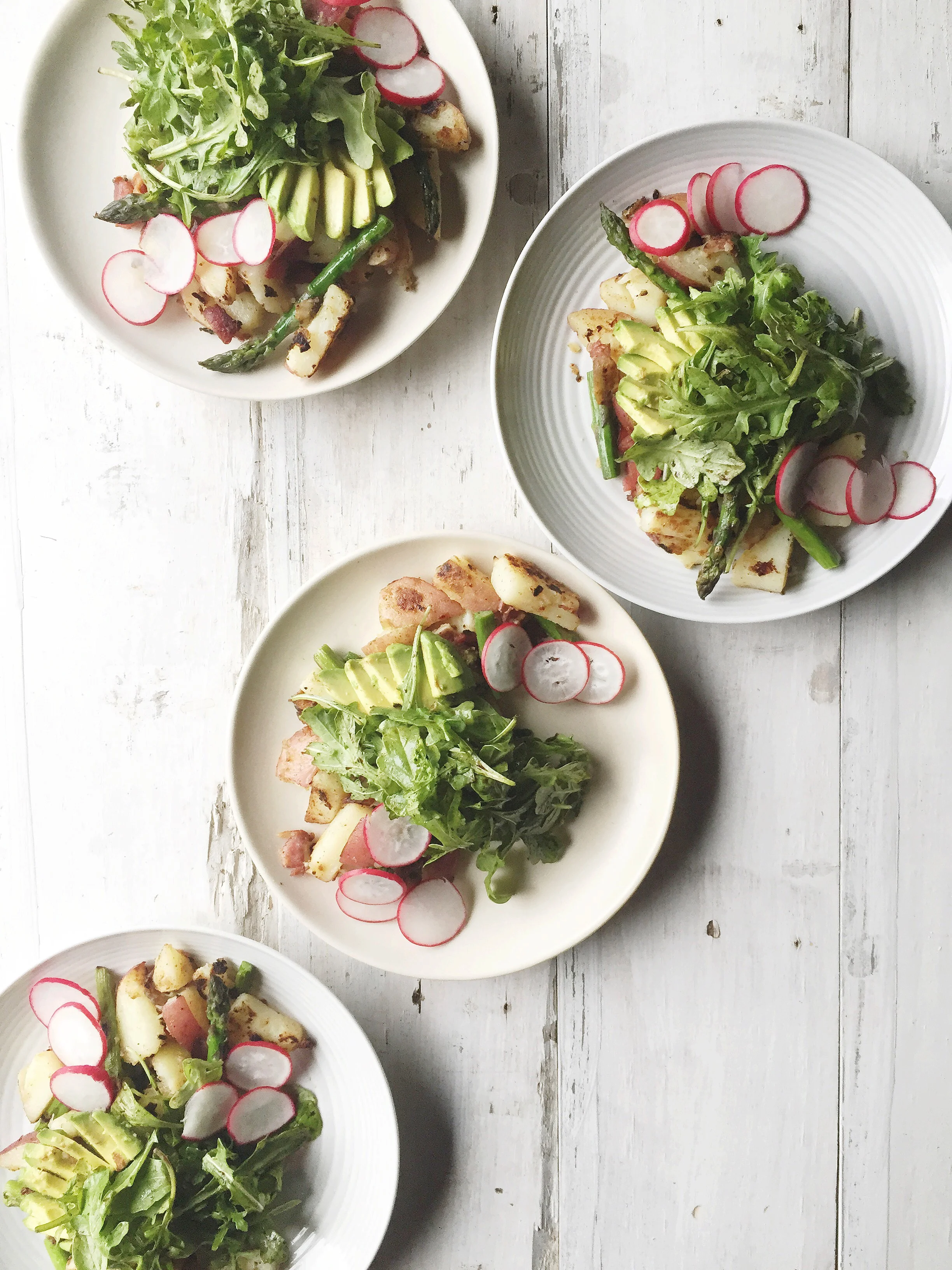 Warm Shallot Butter Roasted Potato Salad + Avocado, Radish, Bacon & Arugula