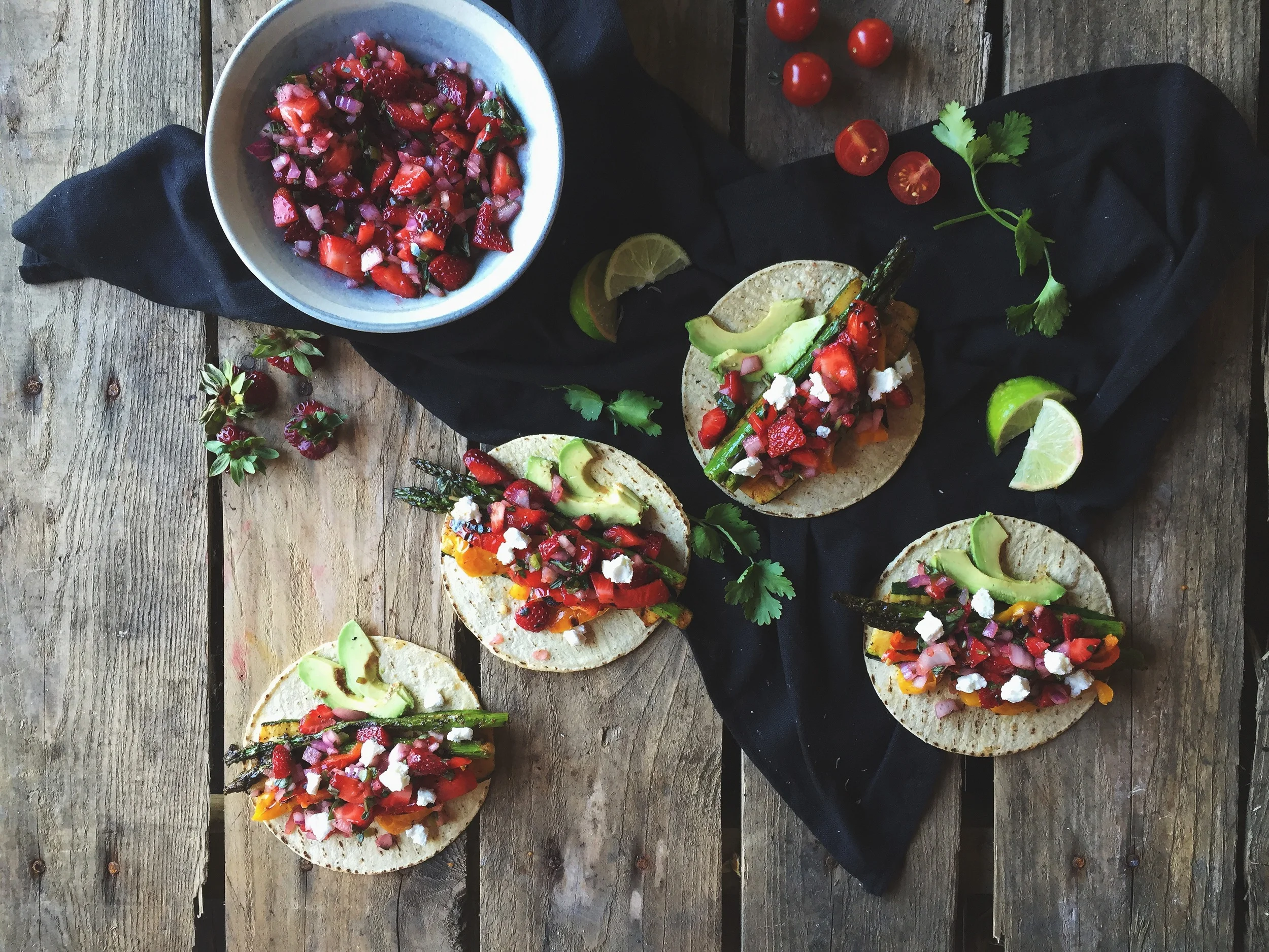 Summer Grilled Veggie Tacos + Strawberry, Lime, Basil Salsa