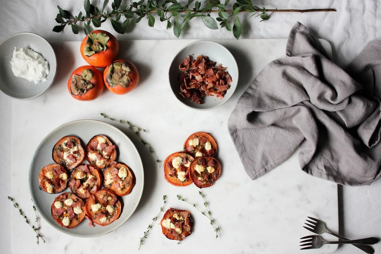 honey & thyme baked persimmons + goat cheese & smoked bacon
