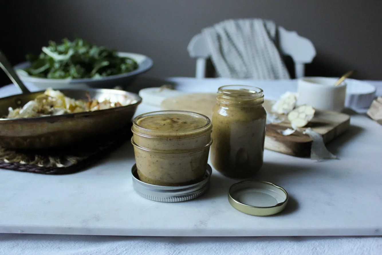 creamy roasted garlic vinaigrette & arugula, spinach, apple, panko crumb salad