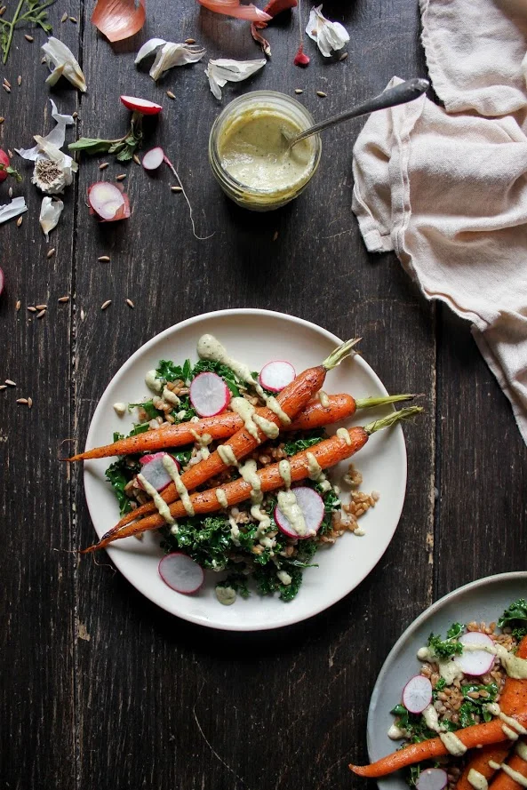 shallot fried farro salad with kale, roasted carrots & a sesame miso cashew cream