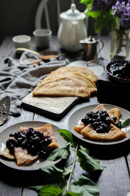 cinnamon buttermilk crepes + maple roasted blueberries