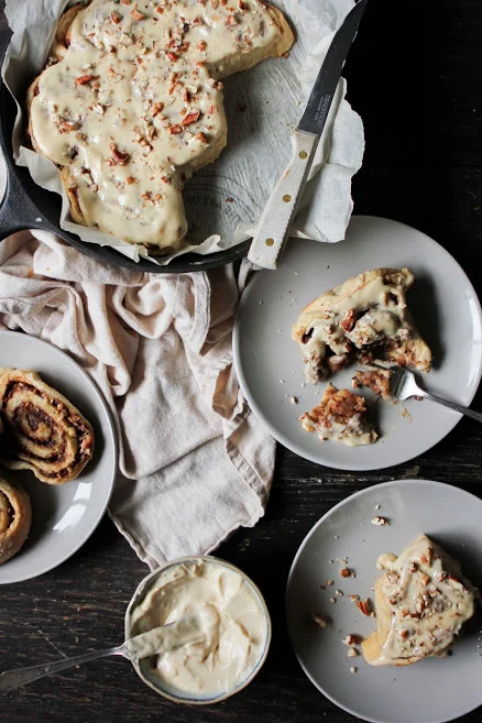 pecan date paste cinnamon buns + maple cream cheese icing
