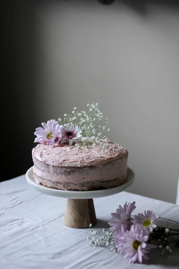vanilla coconut sugar cake + strawberry rhubarb buttercream
