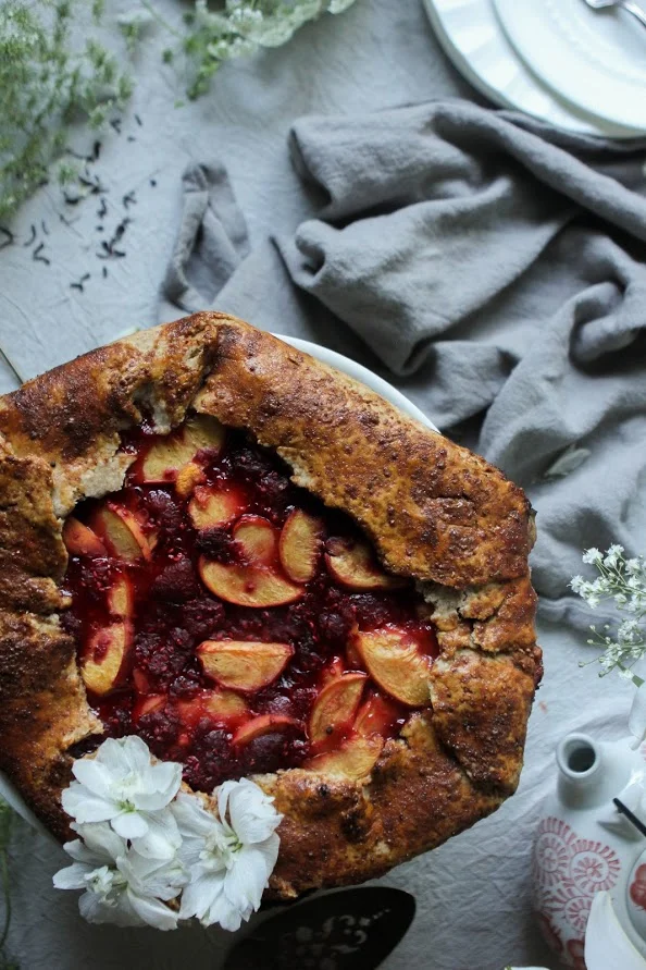 summer stone fruit raspberry & peach spelt flour galette