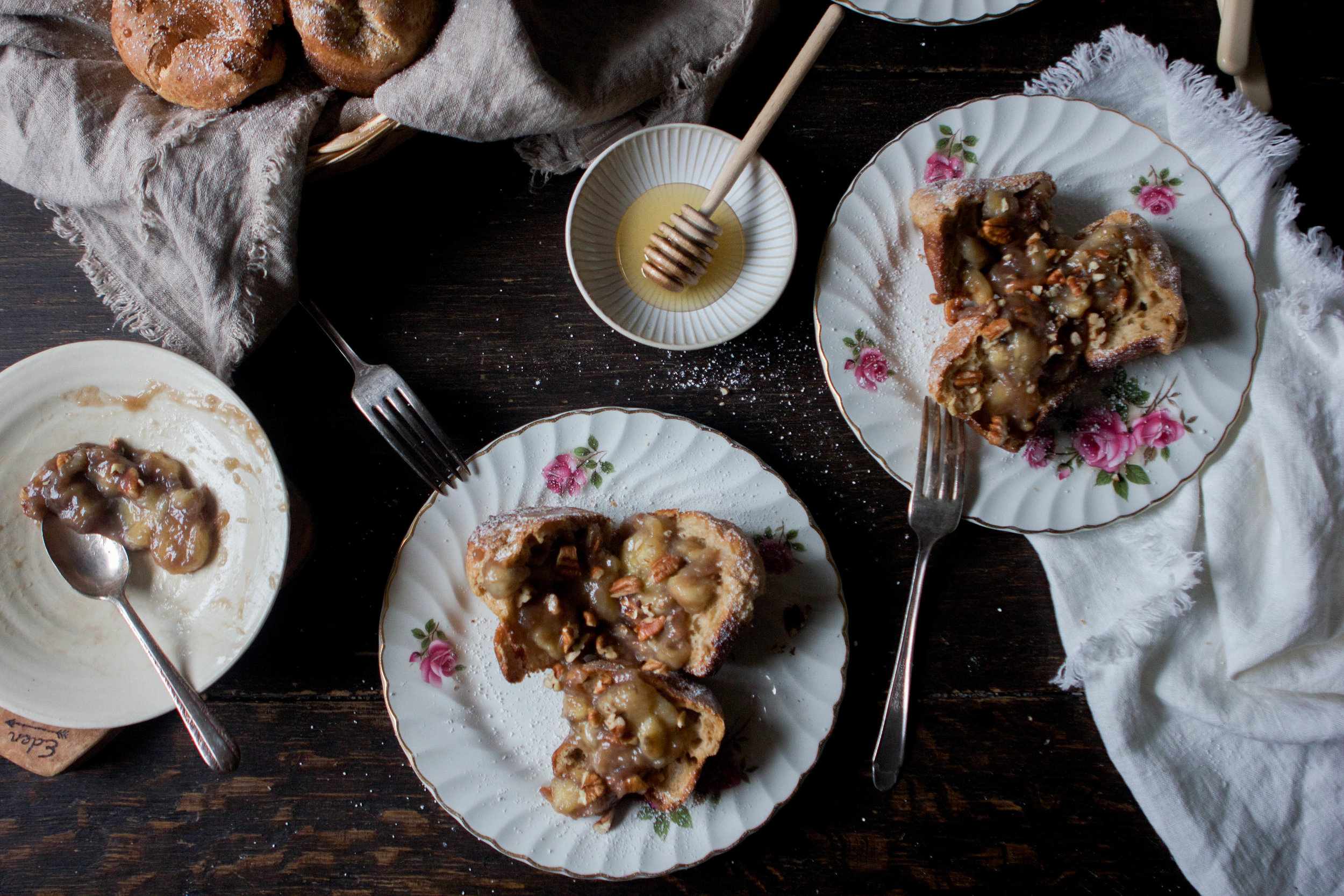 muffin pan pancake popovers + honey caramelized bananas & pecans