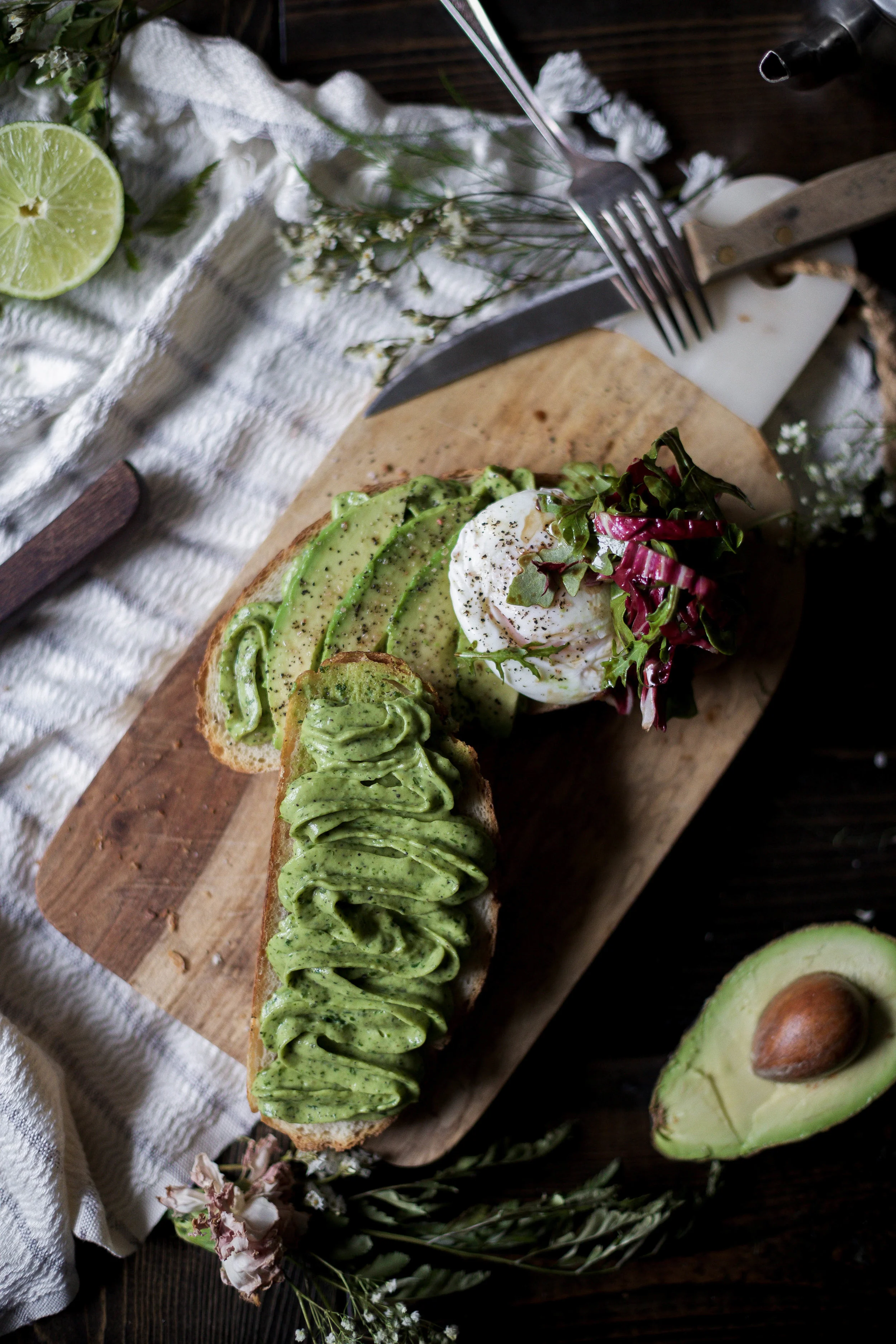 Avocado two ways on sourdough with poached eggs & balsamic radicchio