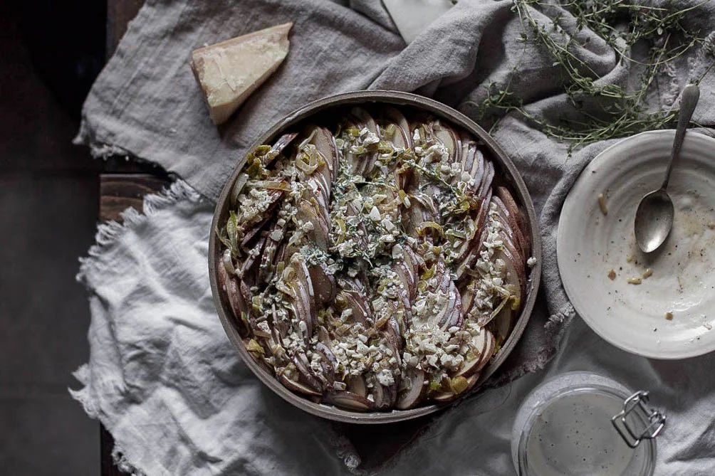 white wine caramelized leek & thyme potato gratin