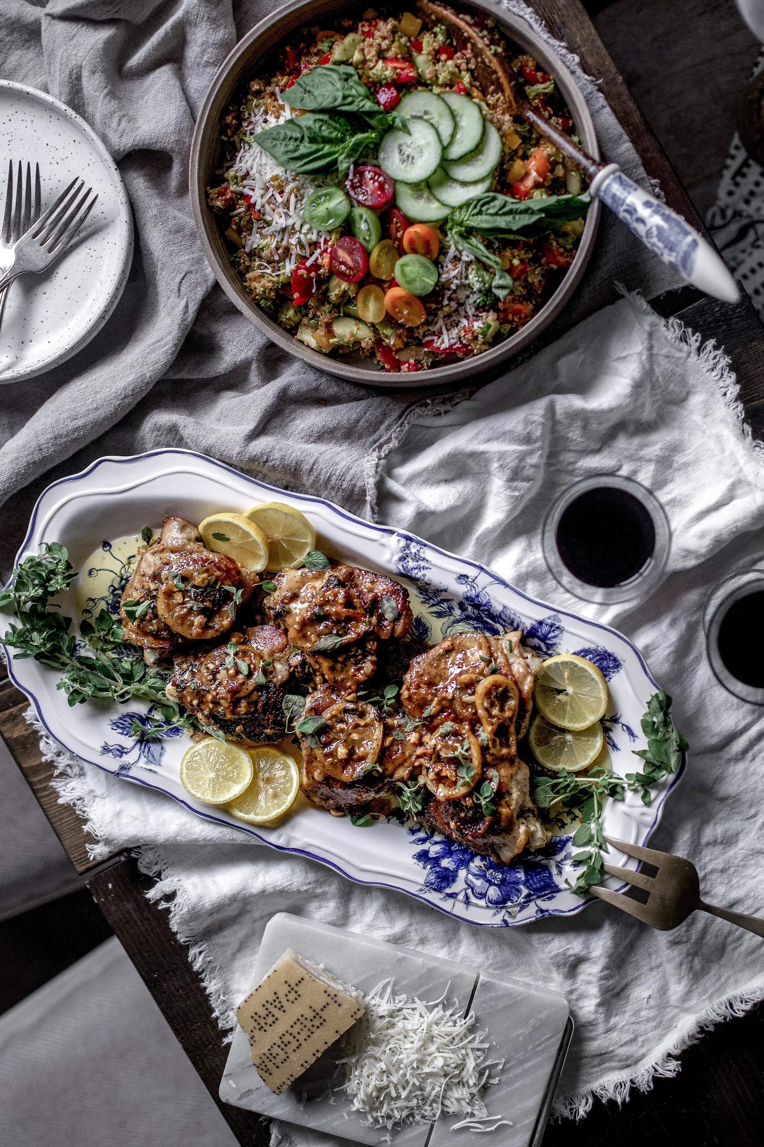 sun-dried tomato & basil pesto quinoa salad & lemon oregano chicken