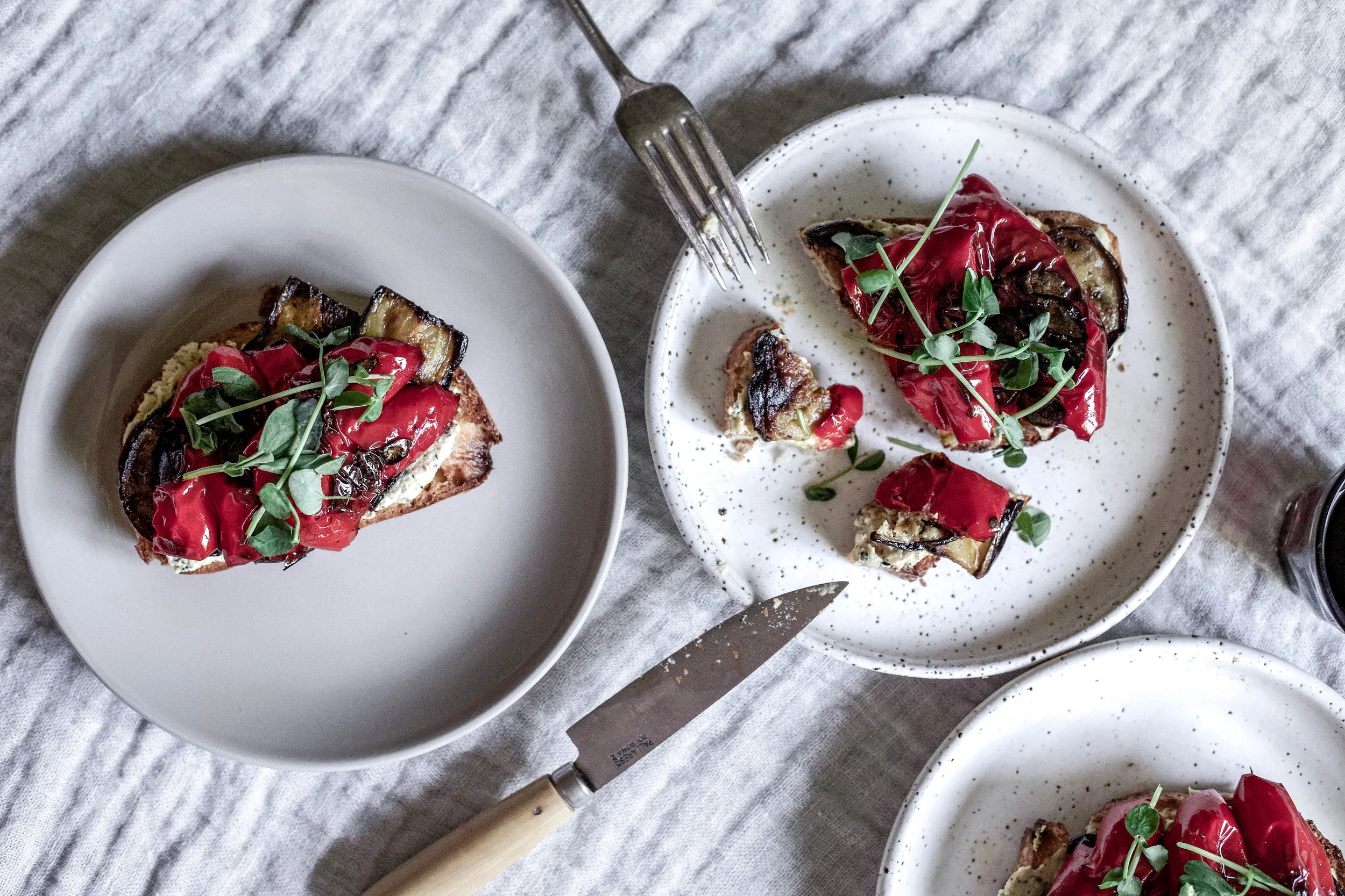roasted eggplant & red pepper crostini with authentic Israeli hummus 