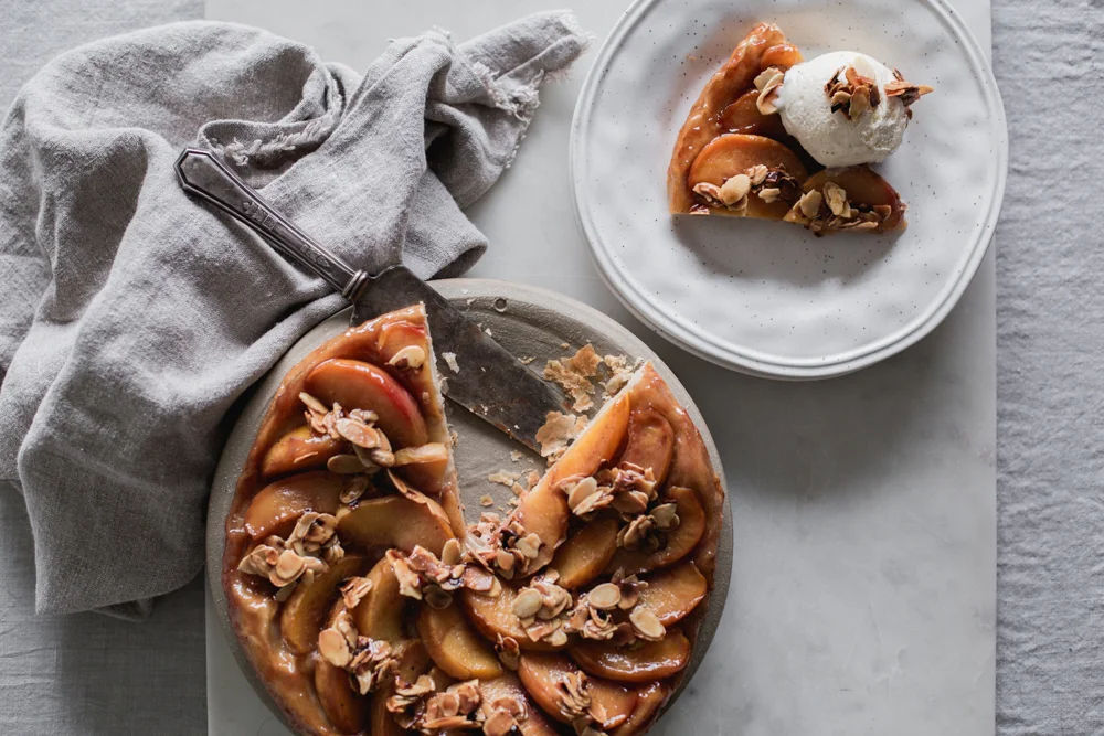 Maple Peach Tarte Tatin with Maple Butter Almond Clusters