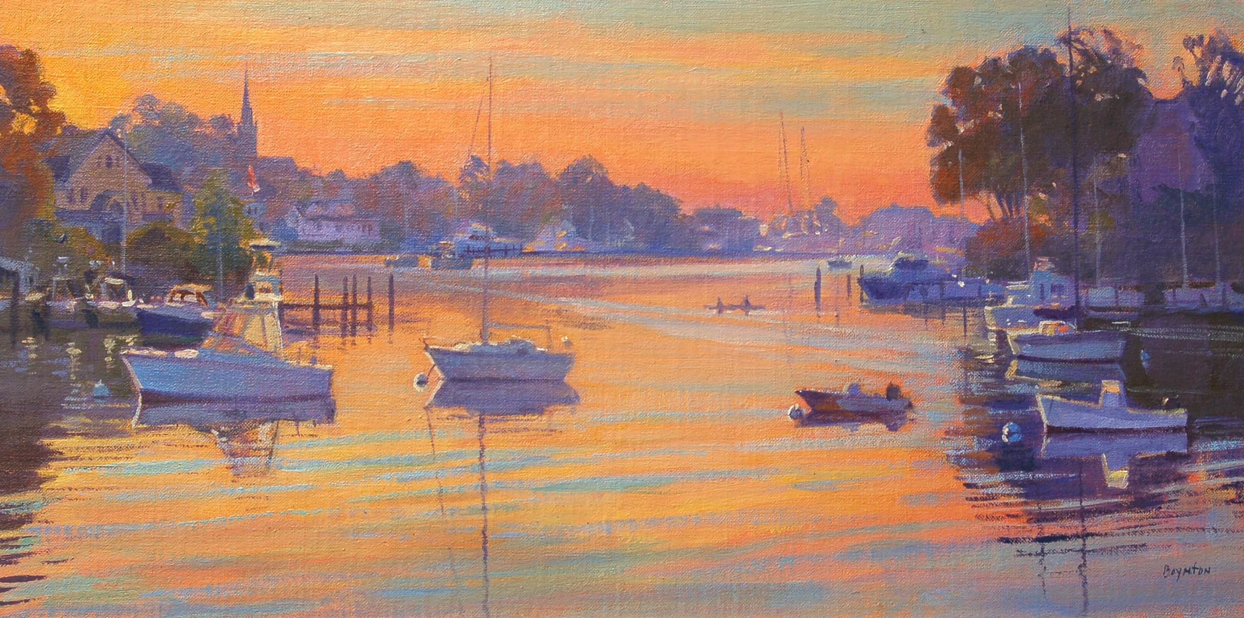 Heaven Scent, Plein air oil painting by Lee Boynton Both high and low among men find refuge in the shadow of Your wings. They feast on the abundance of Your house; You give them drink from Your river of delights. For with You is the fountain of life; In Your light we see light. Psalm 36: 7-9 The story behind this painting: I took a class on writing memoir this past winter. We were given the assignment to write a short piece that would evoke emotion through the description of a place. Heaven Scent by Martha Boynton “You were heaven sent!” The words echoed in my mind. The pressure was on. It was the opening day of Paint Annapolis 2012, the last year the annual plein air painting competition was held downtown during the month of September. I could picture the woman saying those words, her hands on her cheeks, eyes wide, as she watched Lee paint the view of Spa Creek from her dock: "You were heaven sent!" And I pictured Lee painting. He was in “the zone,” he would say, a perfect oneness with God, light flowing from his brush. He painted with all the confident flare of a maestro conducting Beethoven’s Symphony #9: Ode to Joy. He was so excited to bring the painting home to show me later that morning. He propped it up on the back of our couch, and we stood back together to admire it. "Wow! The river of delight. In His light we see light," I said, quoting one of our favorite Scripture verses. "We should call this painting Heaven Scent. We laughed. The painting won the People's Choice award at the exhibition at the end of the competition, but it didn't sell that night. We brought it home and hung it above our couch where it could bring heaven to earth in our living room. Heaven sent . Heaven Scent . The painting galvanized my attention the first time I entered our living room knowing Lee would never again stand beside me for an unveiling. And I would never again hear his voice. My eyes clung to every detail he had captured so effortlessly that brilliant morning. The subtle harmony of peaches and lavenders reflected in the water, the stillness, the American flag hanging limp in a pool of first light, a sailboat at rest on a mooring, two people in a kayak, the trees in full leaf, and St. Mary's steeple pointing upward, like a compass needle. 