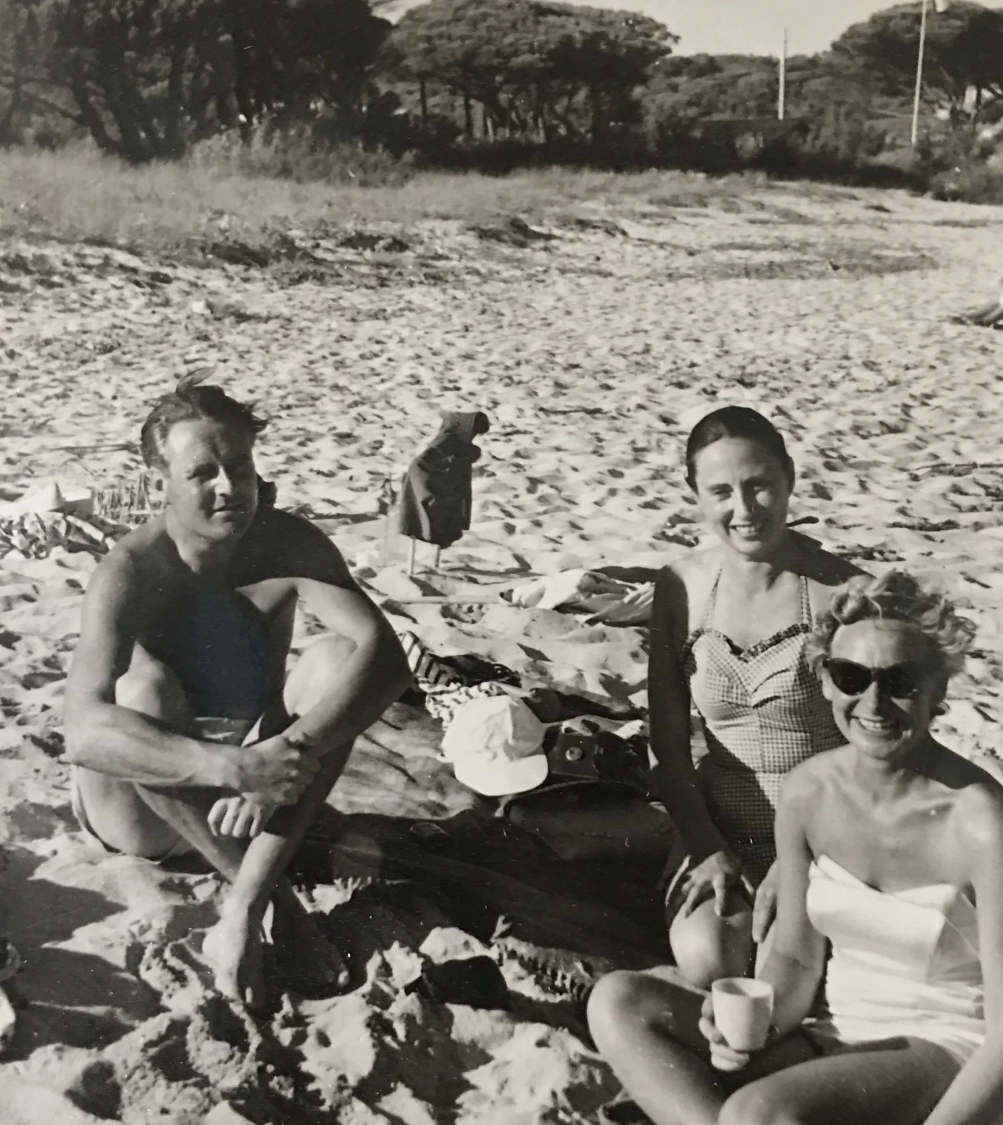 FATHER, AUNT OLIVE, AND MY MOTHER ON THE BEACH IN ST TROPEZ