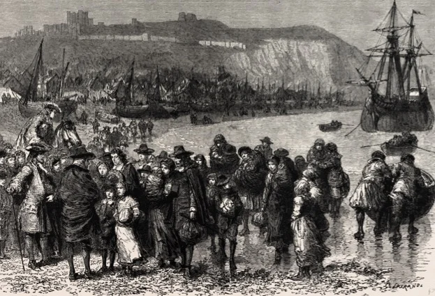 FRENCH HUGUENOTS LANDING IN DOVER, ENGLAND.