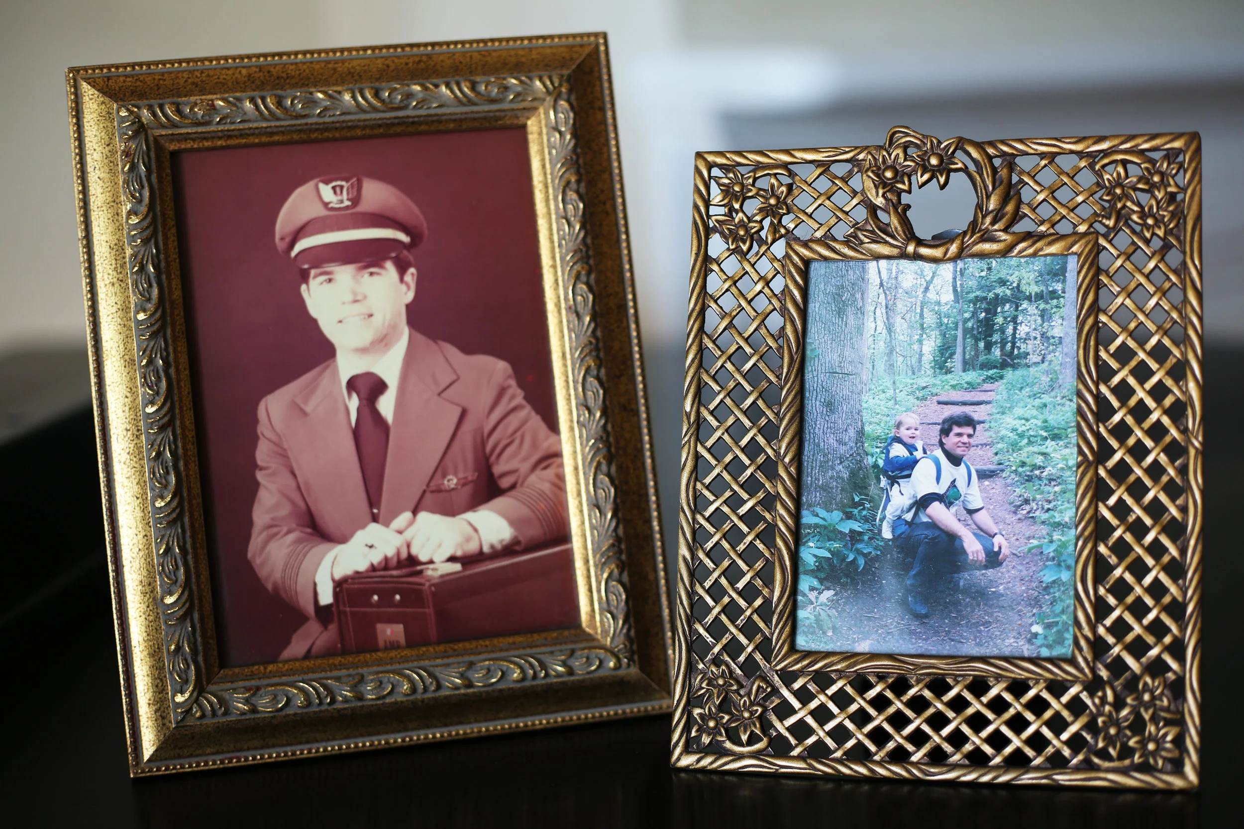 On the left: Dad’s first official company photo with United Airlines, shortly after he was hired at age 24. On the right: Dad hiking with me on his back near our first home in Knoxville, Tennessee.