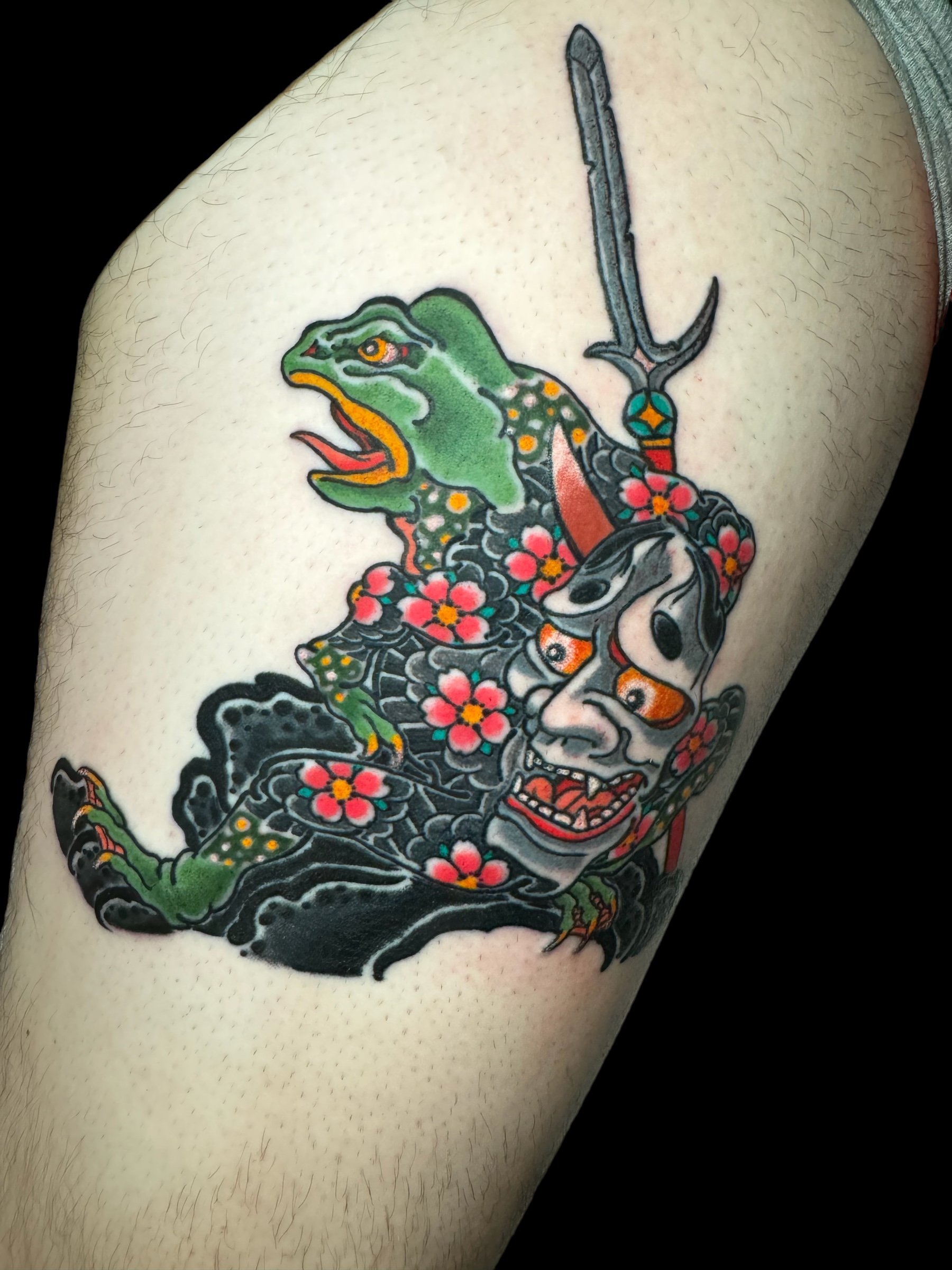 Frog tattoo located on the thigh.