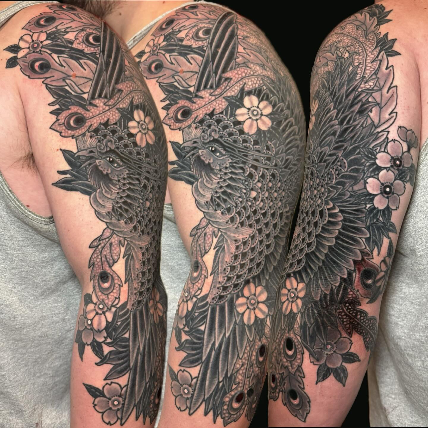 Completed Miller&rsquo;s Phoenix .  I have been really enjoying doing black and grey recently , if you have been wanting a cool Japanese influenced tattoo in color or black and grey, email jebmaykut@gmail.com or visit jebmaykut.com.
@heartinhand_est 