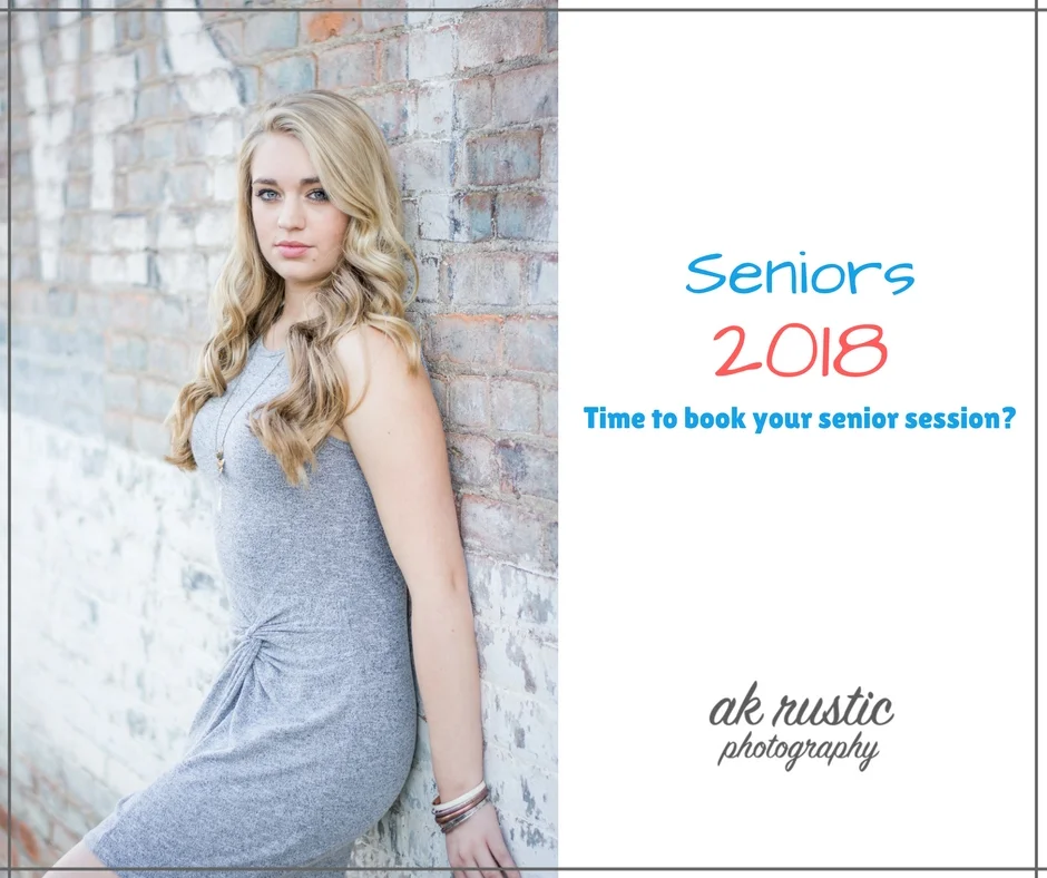Did you know that most seniors book their sessions while they are still juniors? Yep, it’s true! With the weather so nice in the spring time, everything is green and blooming. The heat isn’t too strong so you’re not sweating and the bugs aren’t too bad that you have to load up on bug spray. So spring really is the perfect timing for senior photos. Why your junior year? Well, it’s simple, you cannot wait because you need to submit your photos in time for the yearbook and graduation invites. The best time to book is February if you want photos done for the spring or early summer months. Most evenings book quick and you need to book early if you want a Friday or Saturday session. Most sessions take place around 4 or 5 depending on the time of year due to the “golden hour”. The “golden hour” the when the sun is at it’s prime for outdoor photography. We want your senior session to be one to remember so we provide a hair stylist and makeup artist to meet us at the studio 1 hour before your session at no additional cost to you! We also provide a variety of jewelry to wear during your photo shoot so all you need to focus on is your wardrobe. A little stumped with what to wear? We help with that too! With AK Rustic Photography, you get the royal treatment which is why so many local seniors love working with us. So if you're a 2018 senior, then contact us today through fb messenger, email, text or phone call so we can get your perfect day booked!