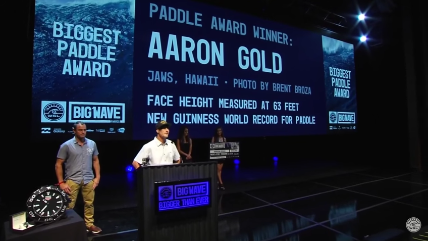 April 5, 2016 - WSL Big Wave Awards - Winning photo of Aaron Gold for the biggest wave ever paddled into by a surfer. New Guinness World Record at 63 feet