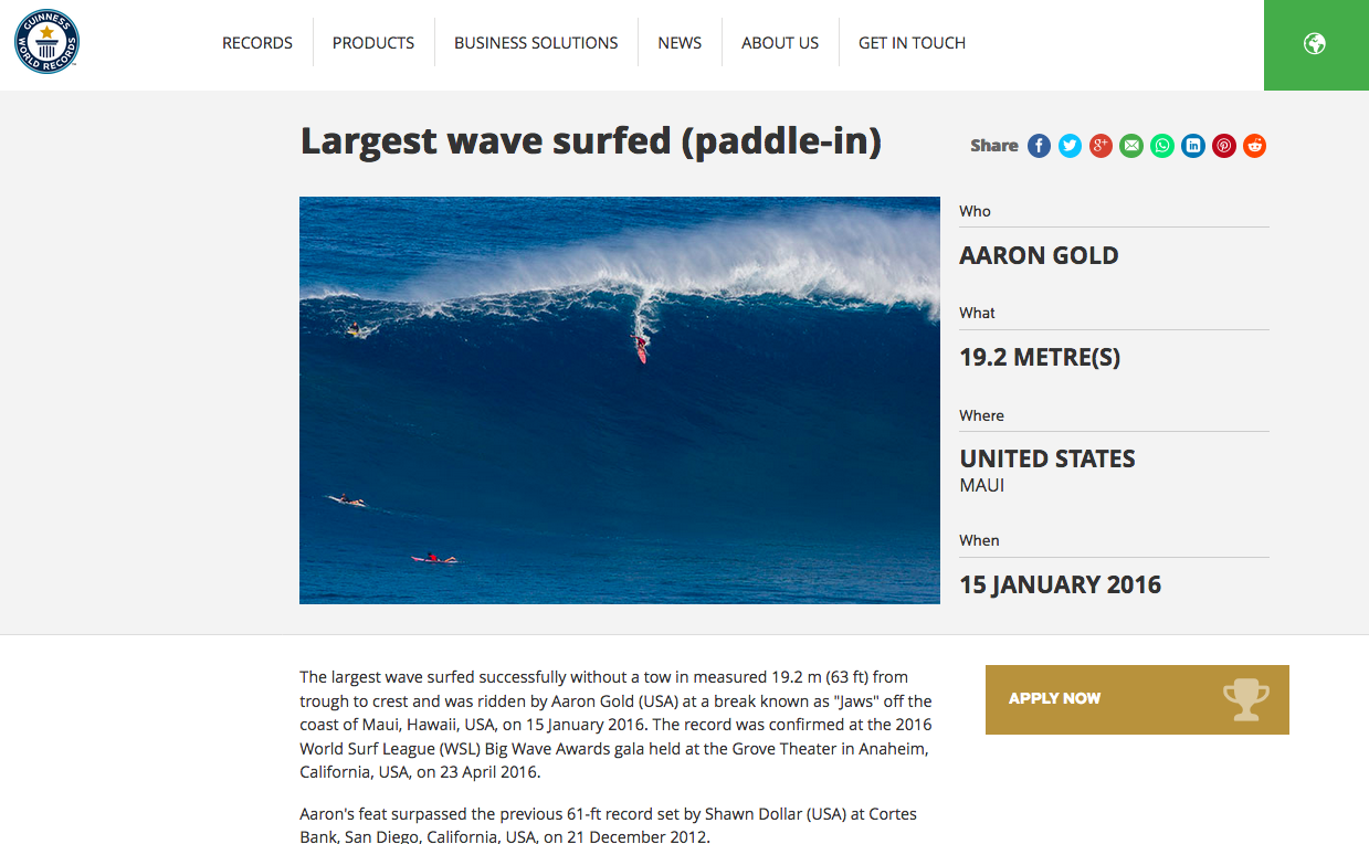 May 11, 2017 - Guinness World Records - Winning Photo of Aaron Gold's Largest Wave Surfed (Paddle In) at Jaws, Maui January 15, 2016. 