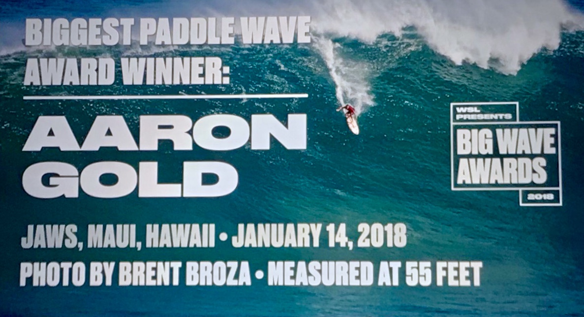 April 28, 2018 - WSL Big Wave Awards - Winning photo for the "Biggest Paddle Wave" Award of Aaron Gold measured at 55 Feet - Jaws, Maui, Hawaii. Photo shot on January 14, 2018