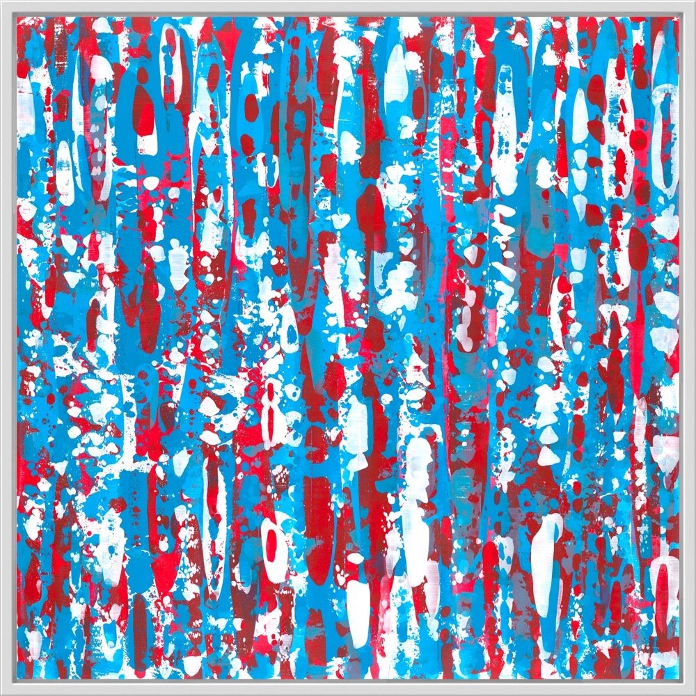 RED, WHITE &amp; BLUE (NOD TO JASPER JOHNS) - 37X37 ACRYLIC ON A WOOD BIRCH PANEL WITH A WHITE FLOATER FRAME. (INQUIRE FOR PRICING AND AVAILABILITY)
