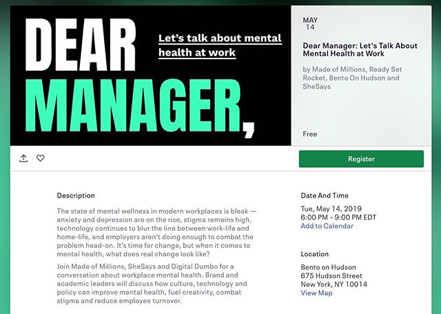 If you&rsquo;re in NYC on Tuesday, 5/14, join @madeofmillions_ @4as_presents @askdrjess @nuyakcity @solome33 @itsbrittahrconsulting to have an honest conversation about mental health in the workplace, and ways we can achieve it.  Link in bio.