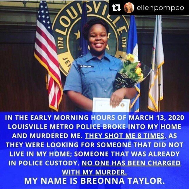 Reposting with sad thanks
@ellenpompeo &bull;
No words...... @seekellymccreary It has taken a few days since I first read Breonna Taylor&rsquo;s name for my mind and body to shake out of the trauma response of freezing up. It was too much. Two victim