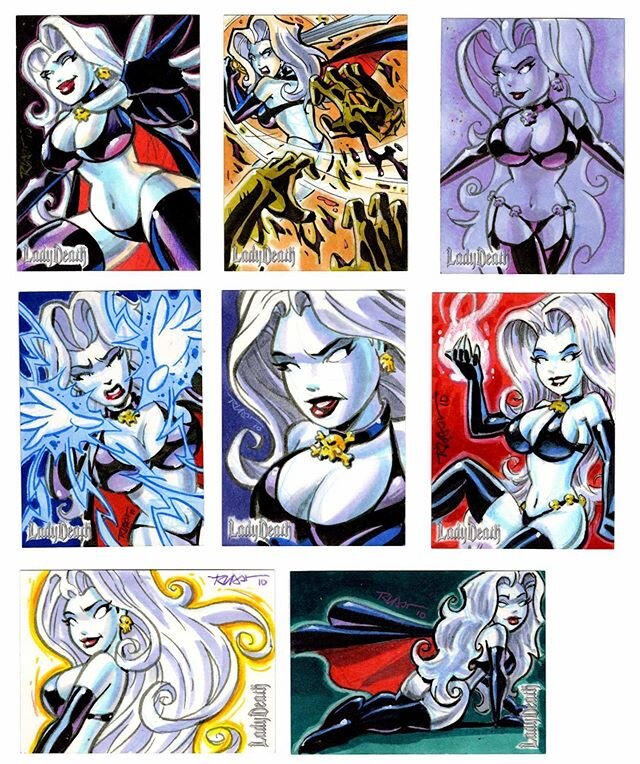 Lady Death cards. Done with markers on collectible card stock. @ladydeathofficial #ladydeath #comics #copicmarkers #art #sketch #sketchcards