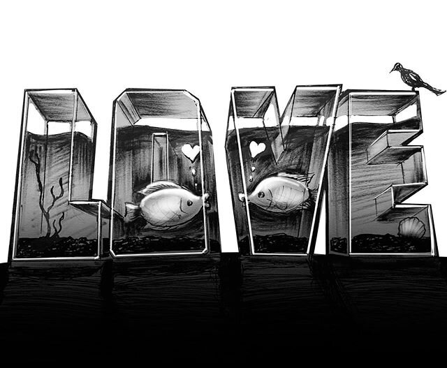 My drawing for today. I title it &ldquo;Love Letters&rdquo;. It is the story of two kissing fish in two separate tanks. They only have one option.... #longdistancelove #fish #kissingfish