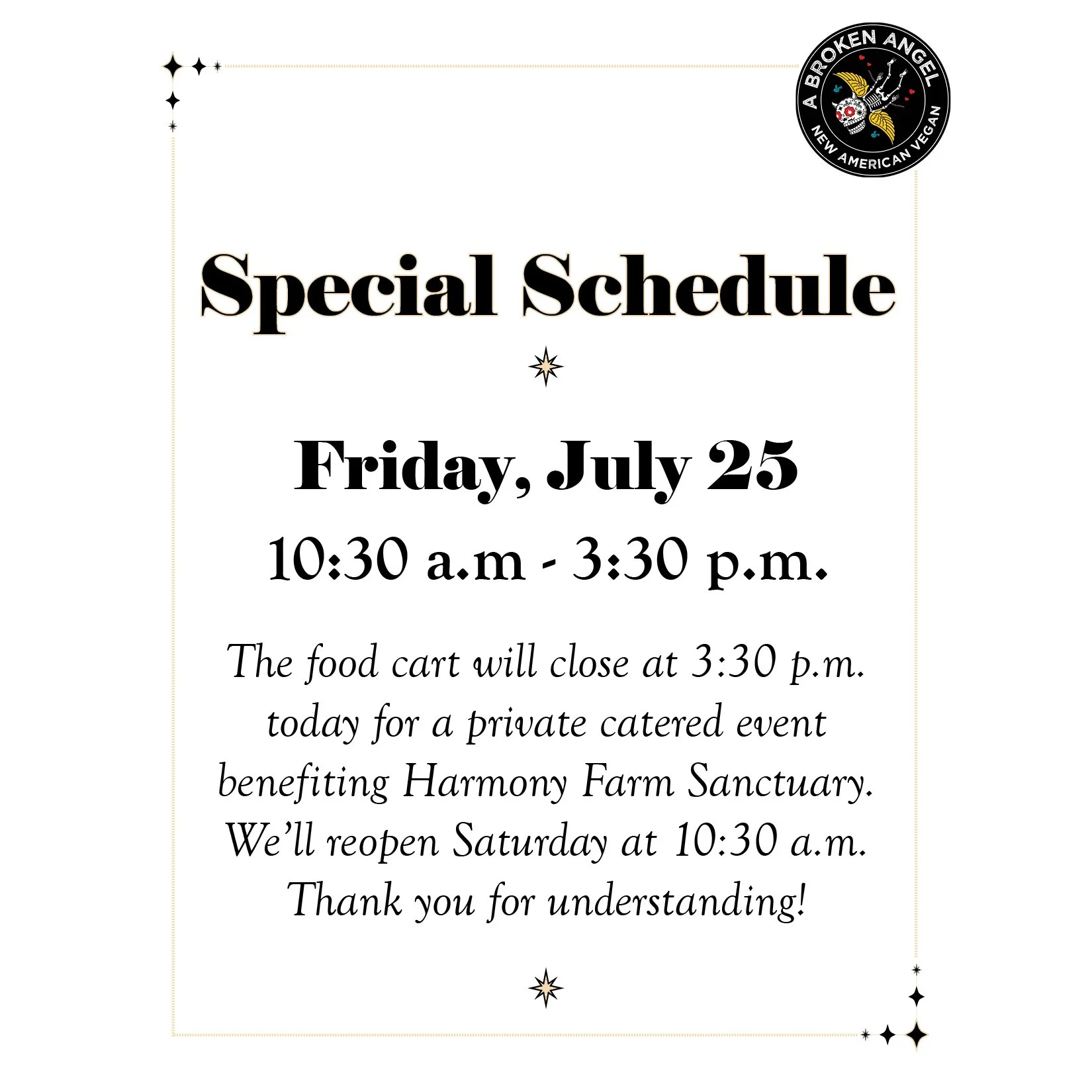The food cart will close at 3:30 p.m. today for a private catered event benefiting @harmonyfarmsanctuary. We’ll reopen Saturday at 10:30 a.m. Thank you for understanding!
#abrokenangel #vegan #newamericanvegan #inbend #plantbased #catering #fa