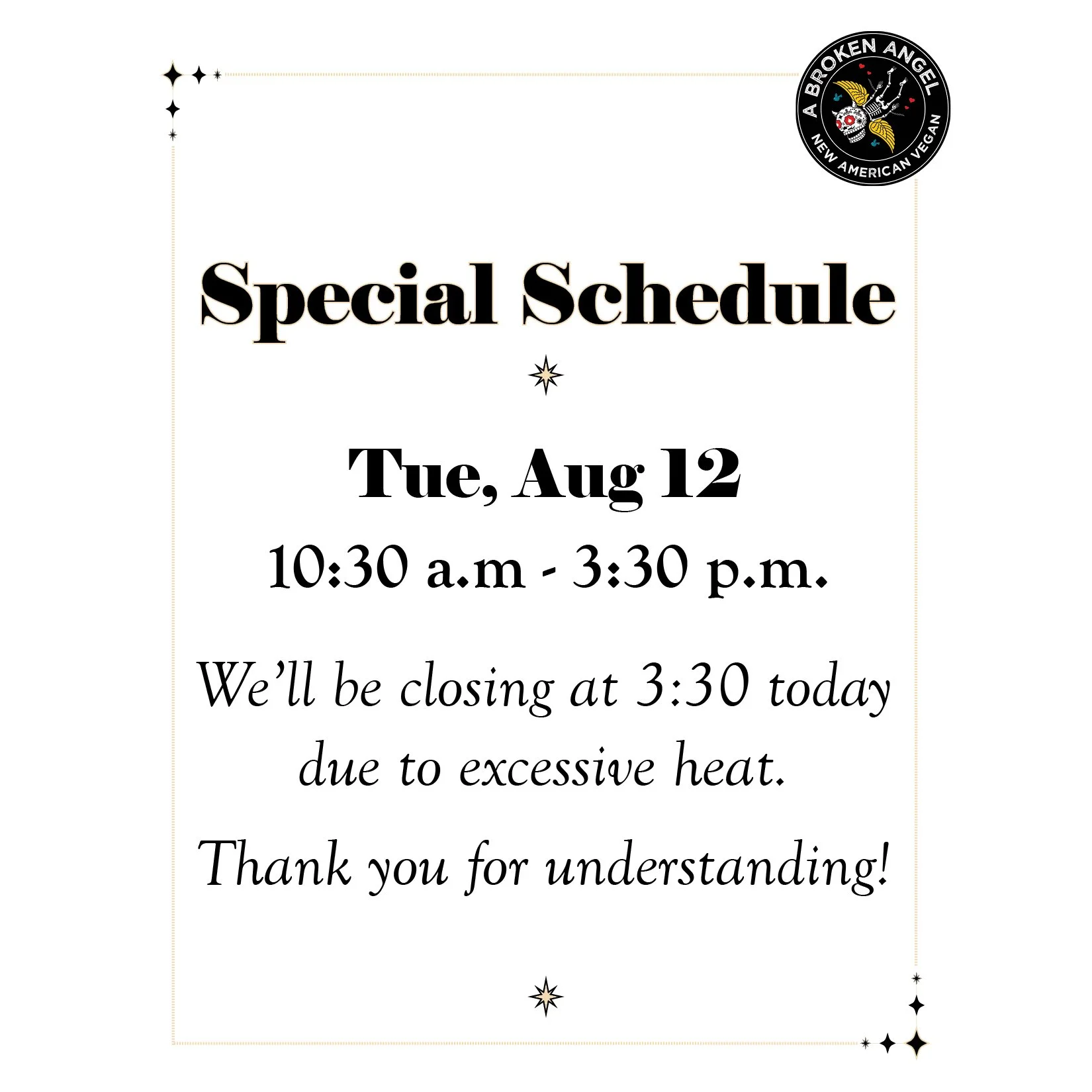 We'll be closing at 3:30 today (Tuesday) due to excessive heat. Thank you for understanding!
#abrokenangel #vegan #plantbased #inbend #bendoregon #heatwave
