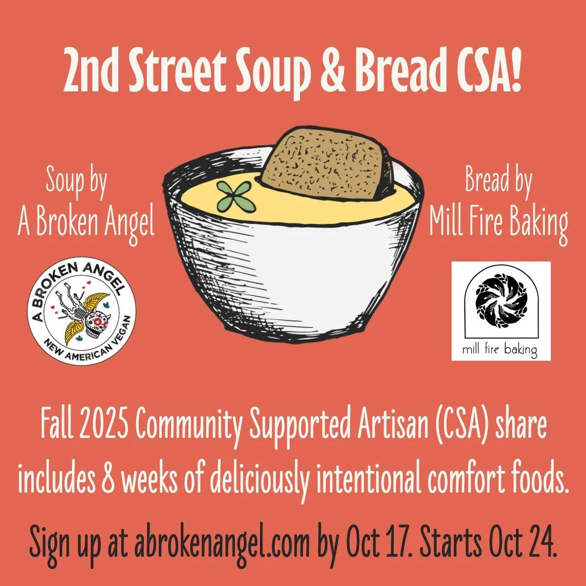 New: 2nd Street Soup & Bread CSA! (Re-posting to correct the start date.)
Our Fall 2025 CSA share includes 8 weeks of deliciously intentional comfort foods: Soup by A Broken Angel with bread by @mill_fire_baking. Friday pickups, Oct 24 - Dec 19