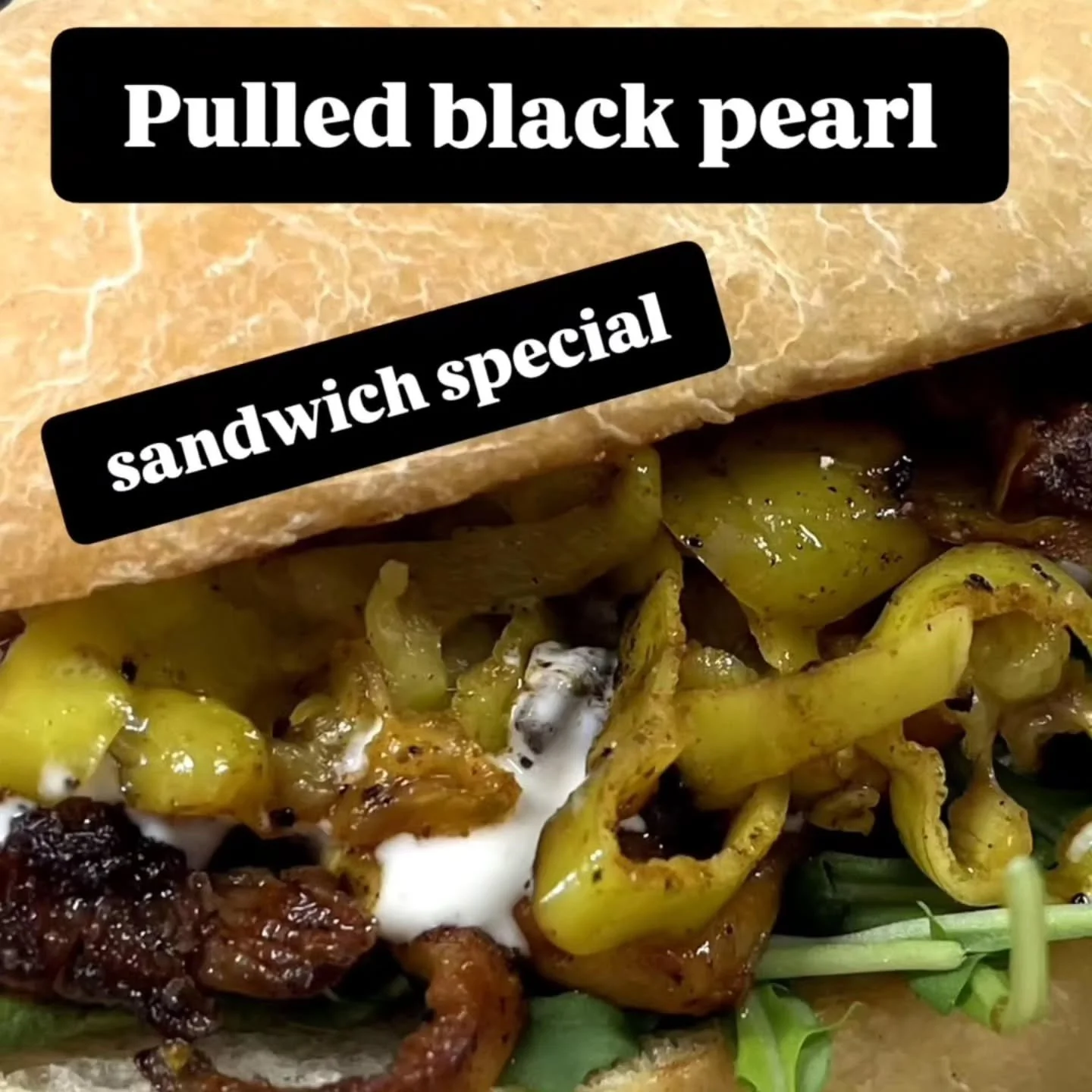 Pulled black pearl sandwich. Dry rubbed black pearl oyster mushroom with roasted garlic crème, grain dijon, & grilled pepperoncini, on a sourdough hoagie bun.