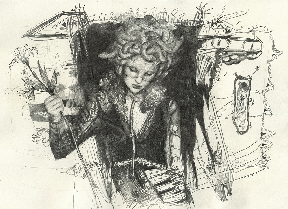 Gorgon In C Minor // 8” x 11” graphite on paper // Abend Gallery