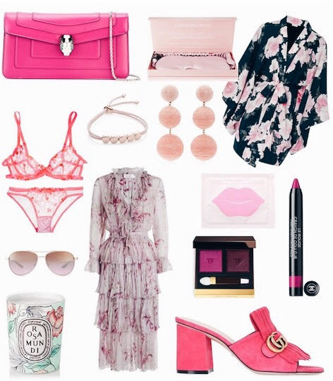 Bag by Bulgari , Eye mask by Slip , Robe by Fleur Du Mal , Earrings by Rebecca De Ravenel, Bracelet by Monica Vinader, Bra by Agent Provocateur, Underwear by Agent Provocateur, Sunglasses by Barton Perreira , Candle by Diptyque, Dress by Zimmermann, Lip Mask by KNC Beauty , Lipstick by Chanel, Lip Quad by Tom Ford and Shoes by Gucci