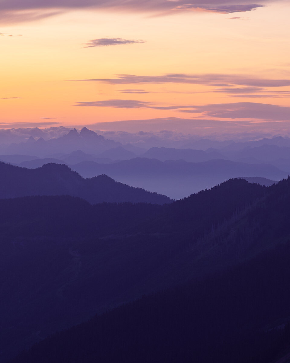 Mount Judge Howay at Dusk — Mt. Baker-Snoqualmie National Forest, Washington, USA. Another image from my first solo backpacking trip, looking over the Canadian border at the distinctive twin peaks of Mount Judge Howay, 50 miles away.