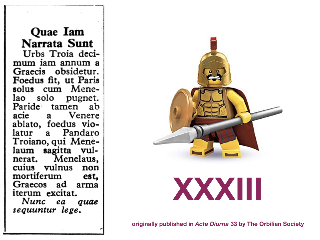 Throughout the 1950s and 1960s the (now defunct) Orbilian Society published Acta Diurna - a Latin newspaper targeted at school children - three times a year. On the back cover was an ongoing comic serial covering the Trojan War and, in later issues, the travels of Aeneas. It seems a shame to allow this work to sit unread, so I have decided to give it a home here in Legonium. Scipio is a huge fan and reads it weekly! I would love to hear from anyone who was involved in its creation.