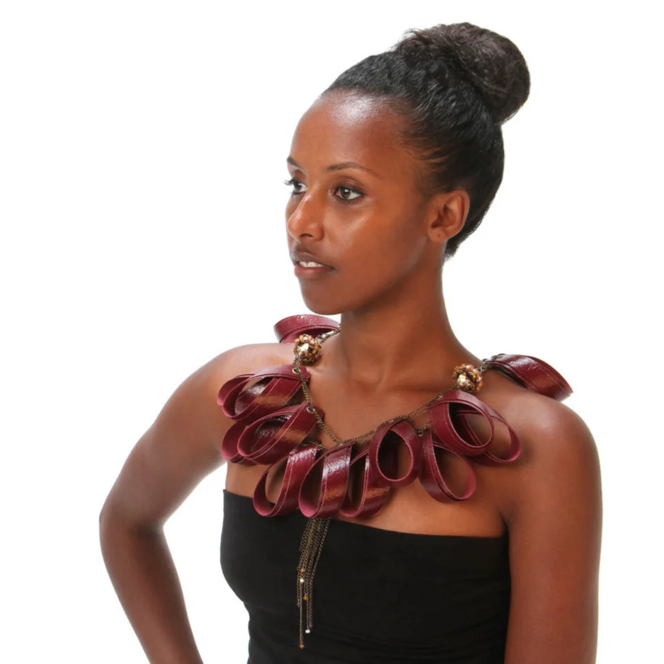 Puente Hills Couture, paper made from red cotton clothing, brass, sterling, copper, citrine, carnelian, amethyst, freshwater pearls, glass beads. $2800 Available to view by appointment only, at either location.