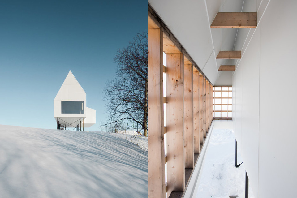  HIGH HOUSE  Hovering above a Quebec hillside, the High House uses a foundation of stilts to adapt to its snowy terrain. The gabled structure is elevated off the ground to protect the first level from the frigid elements, while also creating a protec