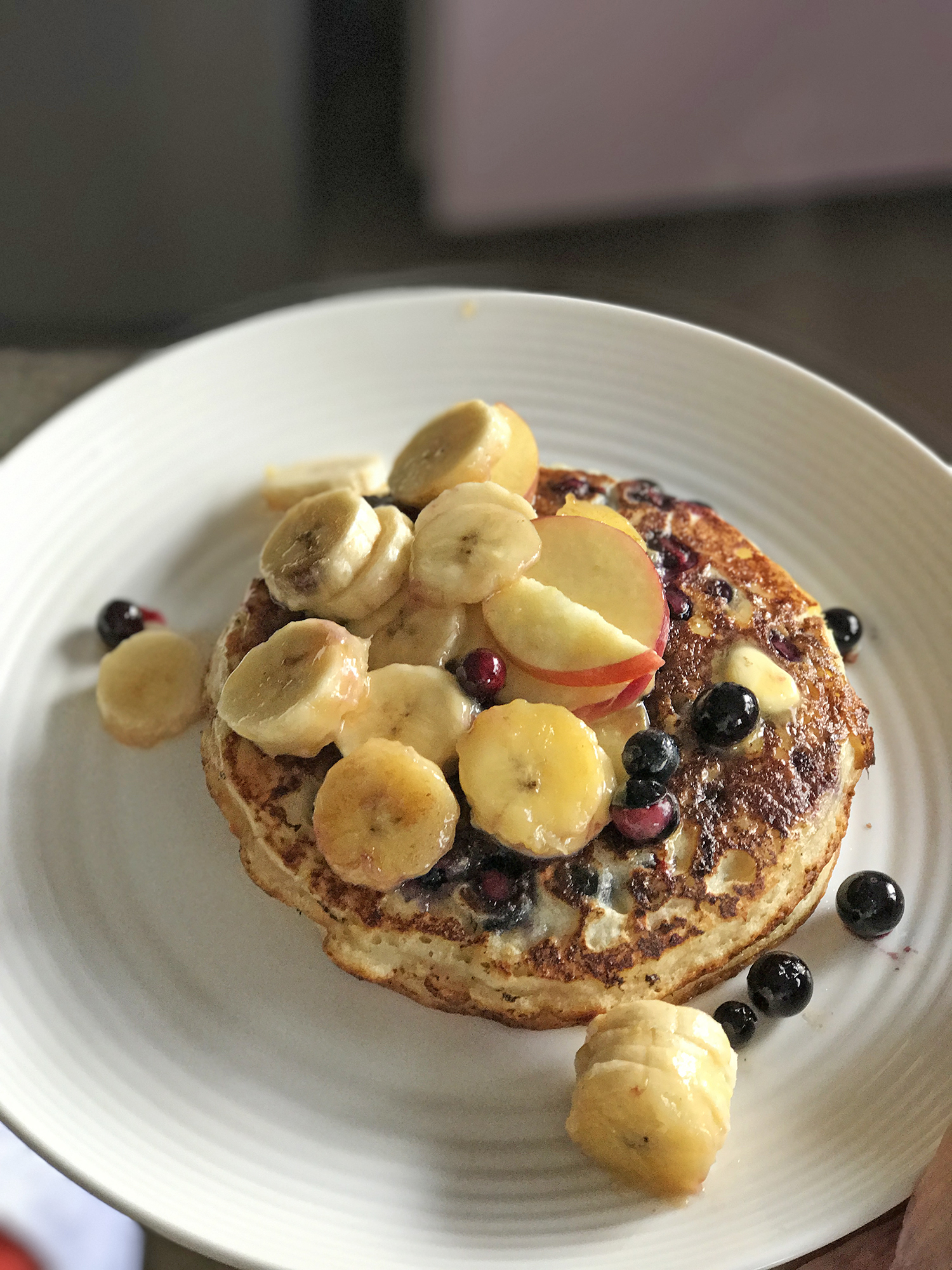   Pancake Mix  Whip it and fill it up with bananas, blueberries, flaked almonds. The fruits stop me from going over-board with the maple syrup though I should seriously stop having bacon on the side. Fast and easy breakfasts.. 