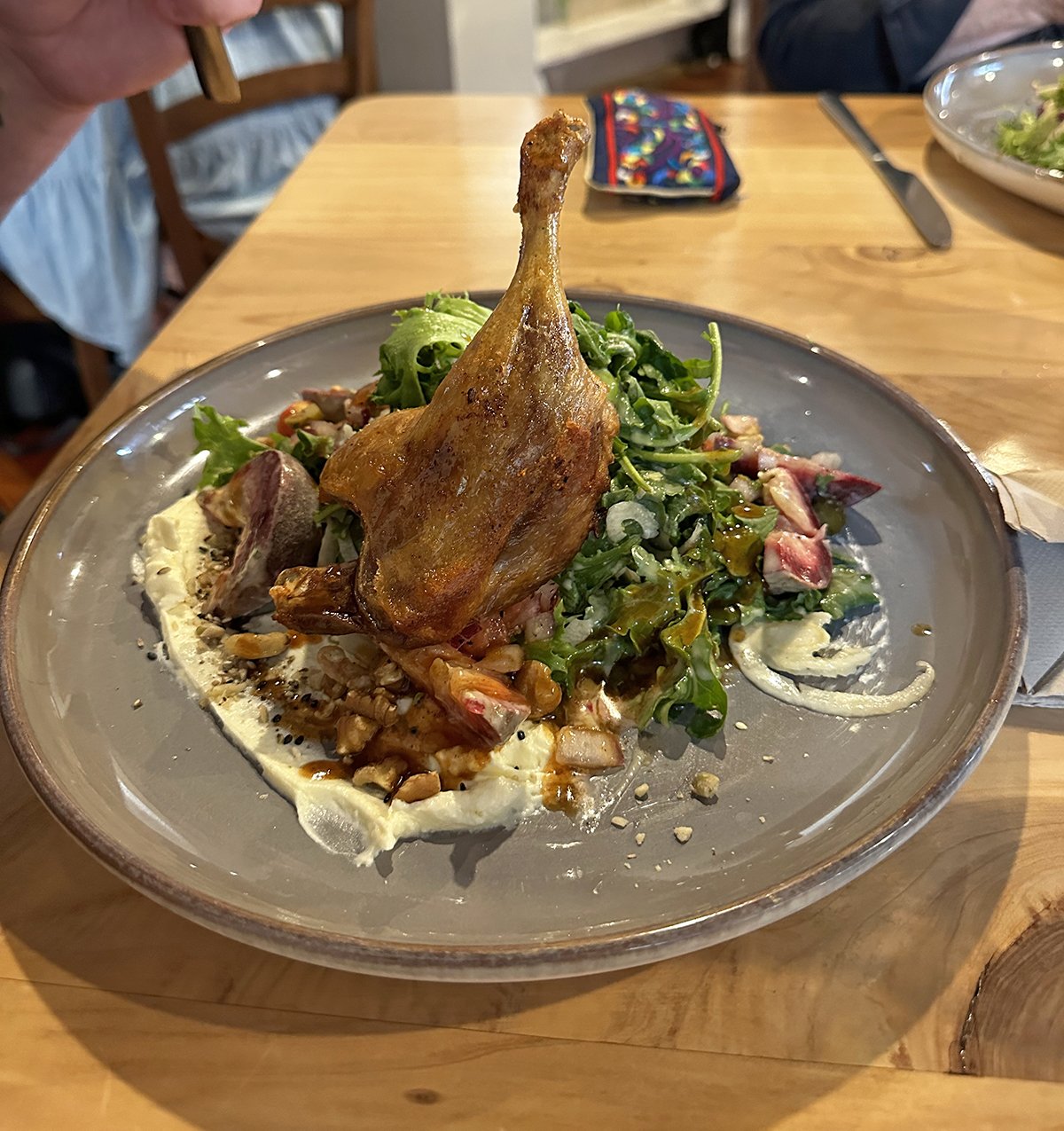 Crispy duck with kale and whipped feta