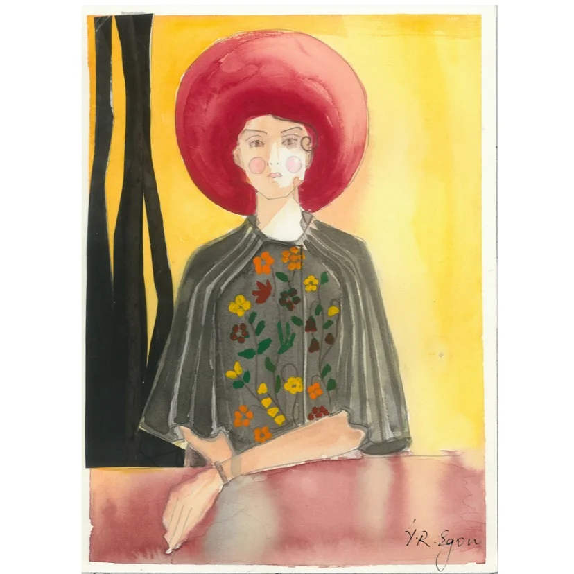 Lady with a hat, Watercolor and collage  on paper, 9" x 12", 2019