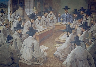 명례방에서의 초기 종교집회도. 조선시대 초기 천주교인들은 지금의 을지로 2가에 위치한 김범우의 집에 모여 집회를 갖고 주일을 기념하였다. (김철태 1984, 절두산순교성지)