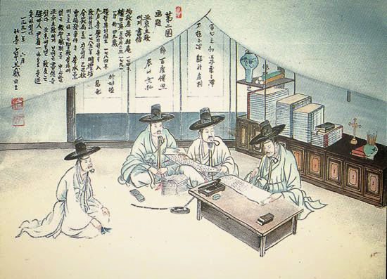 북경에 편지를 쓰는 조선교회 지도자들. 1811년과 1826년 두차례에 걸쳐 조선 신자들은 교황청으로 편지를 보냈다. 한문으로 적힌 편지의 원본과 라틴어 번역본은 교황청 고문서고에 보관 중이다. (탁희성, 절두산순교성지)